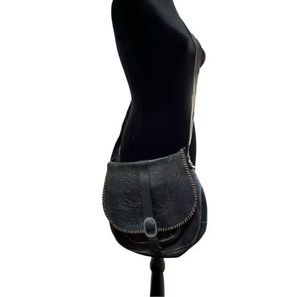 Patricia Nash Barcelona Black Tooled Leather Large Crossbody Saddle Bag Purse - Picture 3 of 15